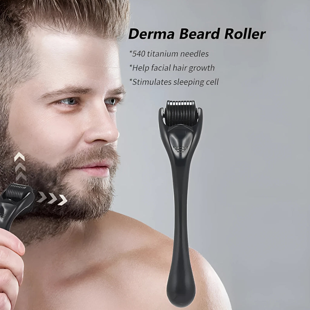 Black and purple derma roller with 540 titanium microneedles for face, beard, and scalp care.