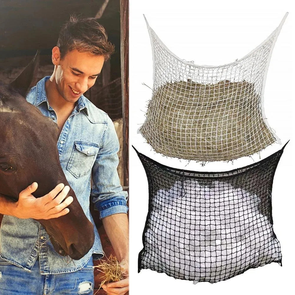 Black woven grid horse feeding bag hanging, filled with hay, for cattle or sheep.