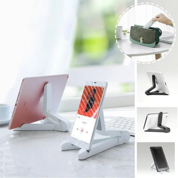 Black foldable tablet holder holding a smartphone in landscape mode on a desk.