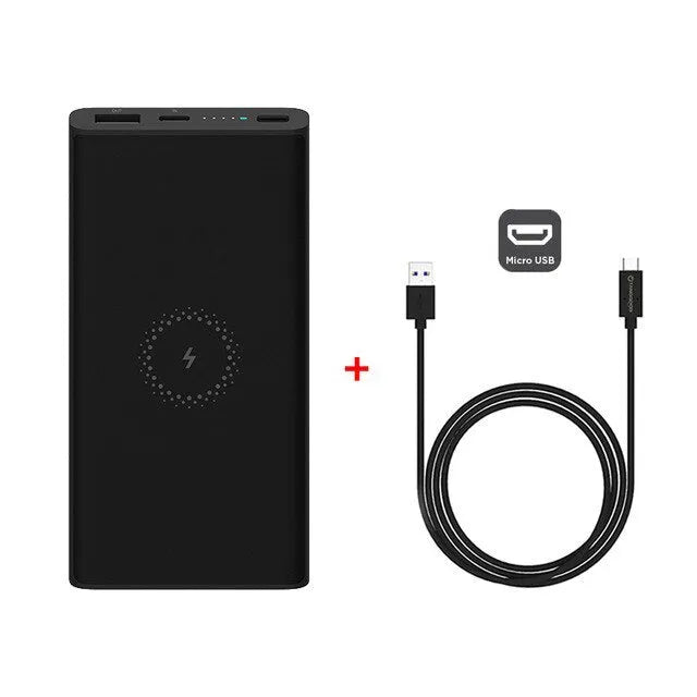 White or black 10000mAh power bank with USB-C port and wireless charging