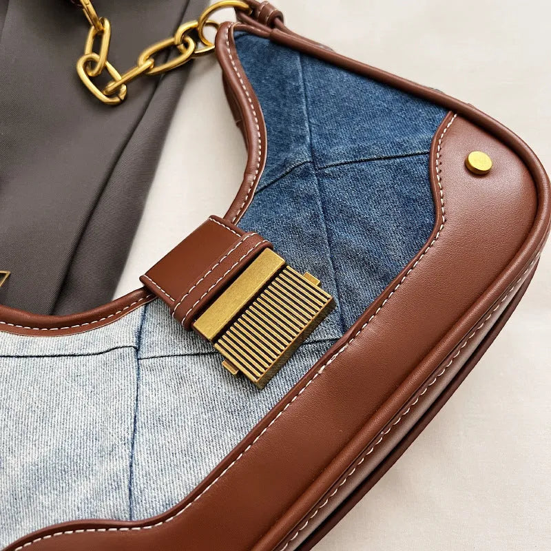 Brown denim women's shoulder bag with diamond chain detail and adjustable double straps