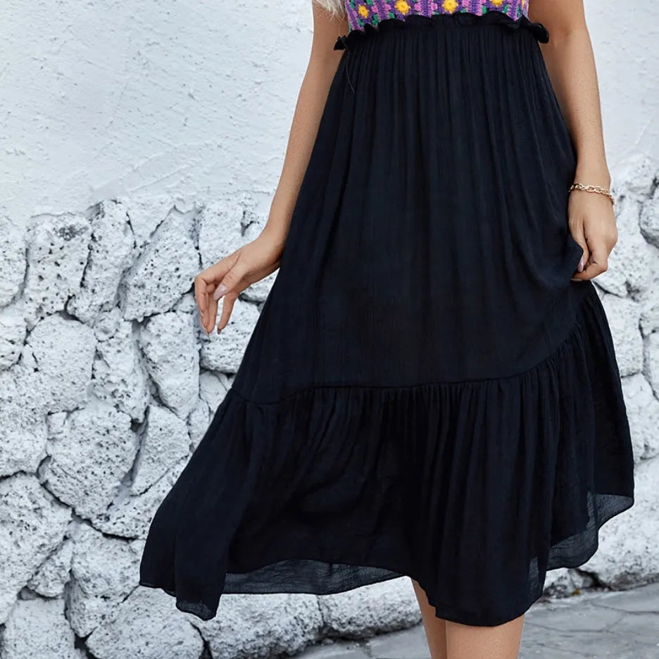 Purple sleeveless dress with hand-hook flower stitching on cotton yarn fabric