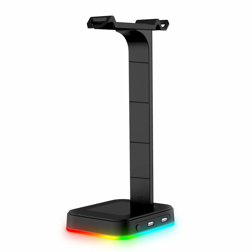 Headphone display rack with RGB lighting and dual USB ports in black acrylic design