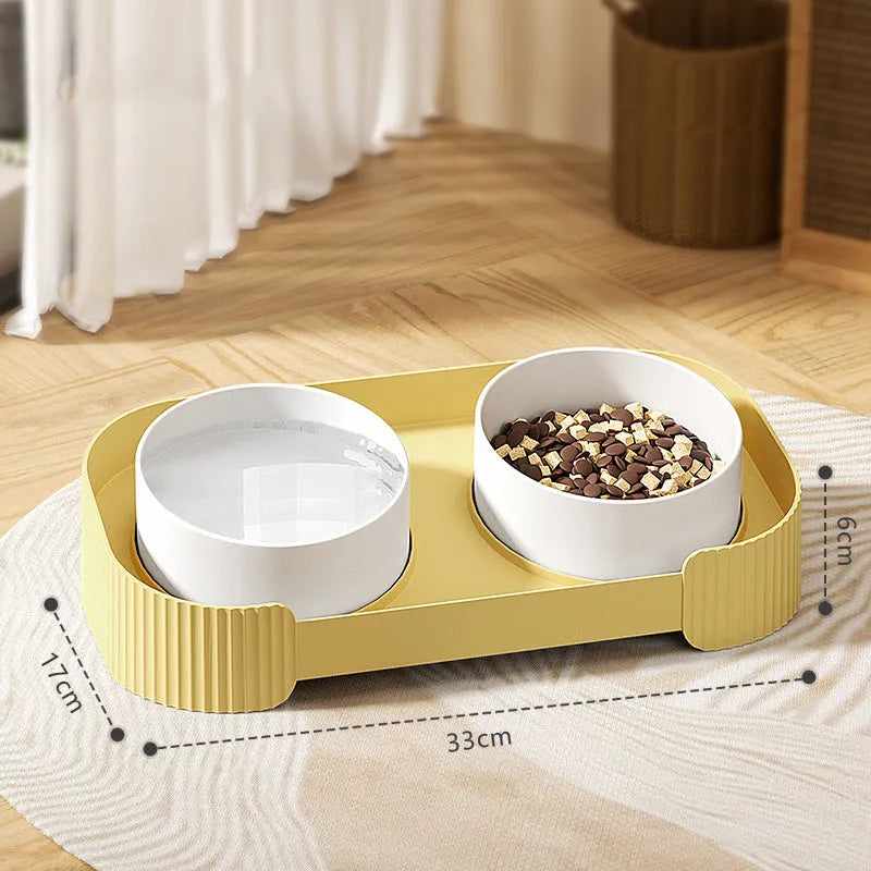 Green ceramic raised cat bowls with 15 degree tilt and non-slip base for spill-proof feeding