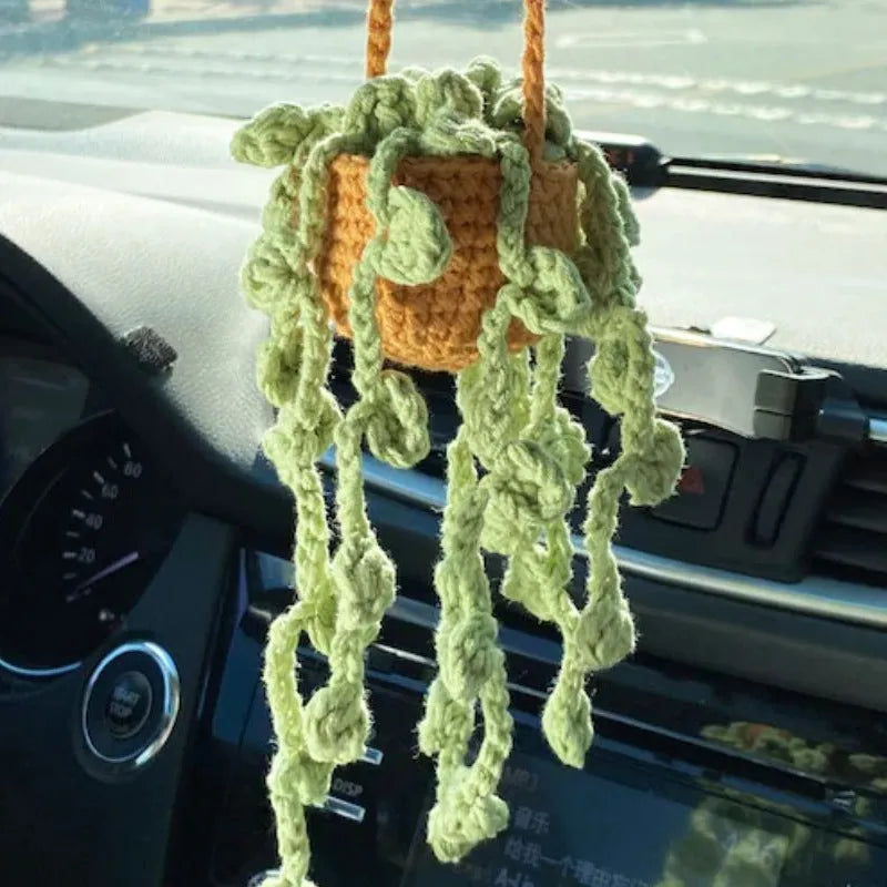 Green and white knitted wool car plant decoration with 25cm hanging rope