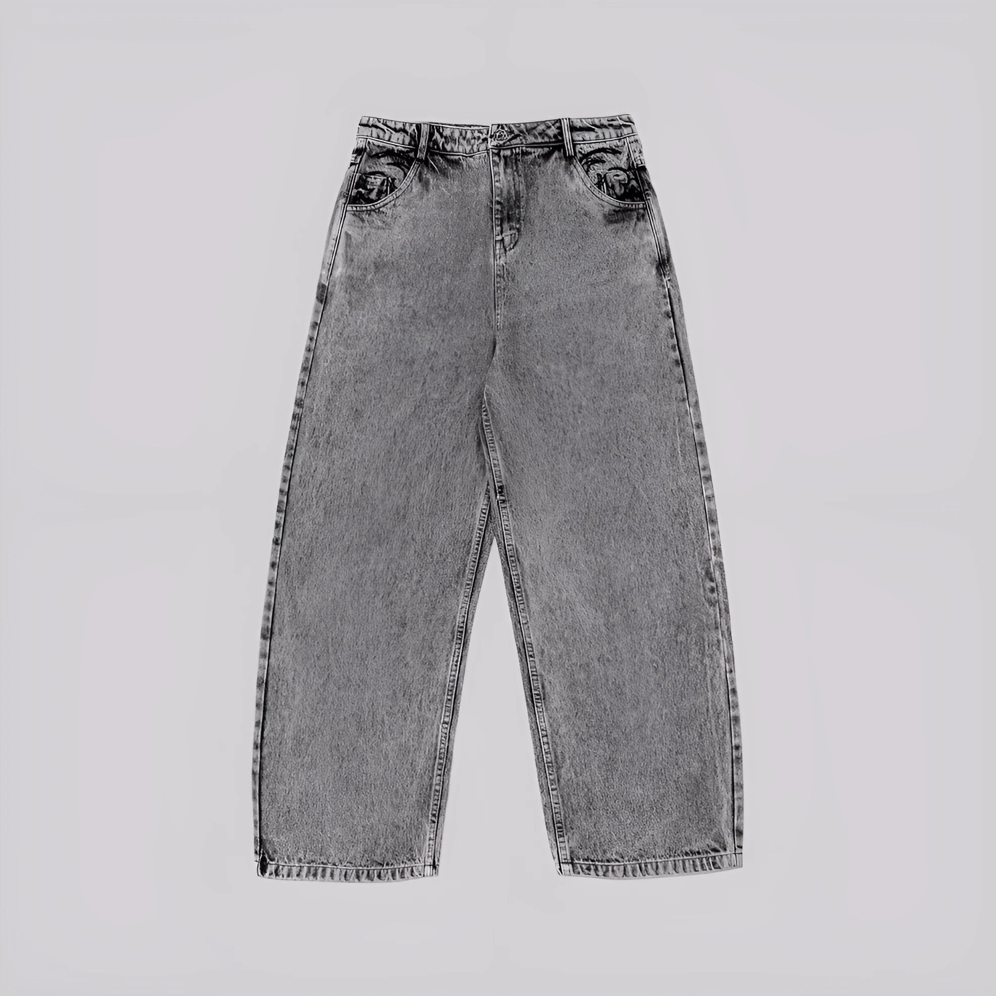 Grey loose fit straight-leg denim trousers with mid-waist design on a hanger