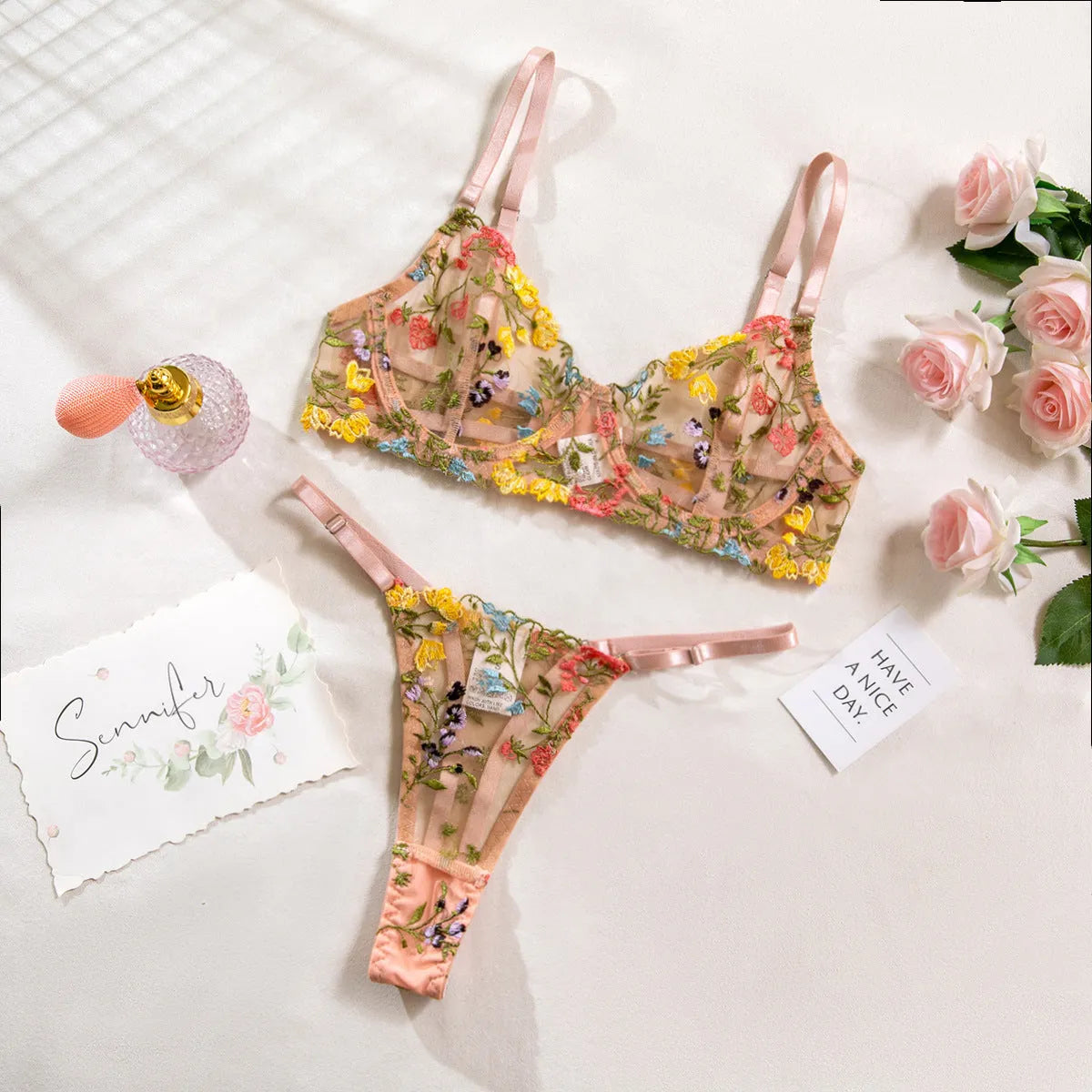 Floral mesh bra set with steel ring T-back and 3/4 cup design in multiple colours.