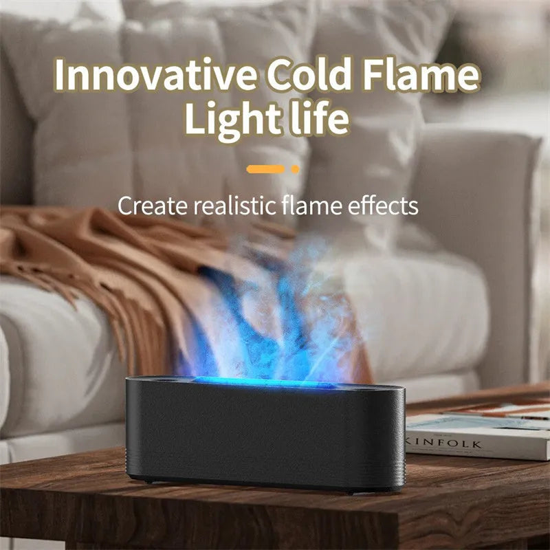 Black ultrasonic humidifier with colourful LED flame lighting and water mist output