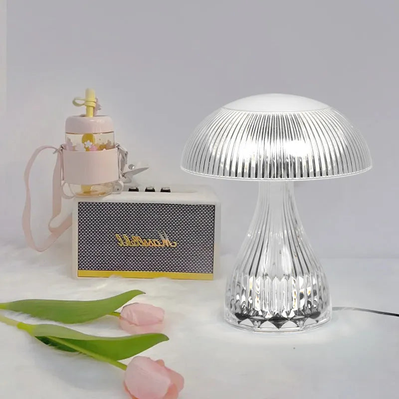 USB rechargeable hotel table lamp with three-colour changing LED light and acrylic body