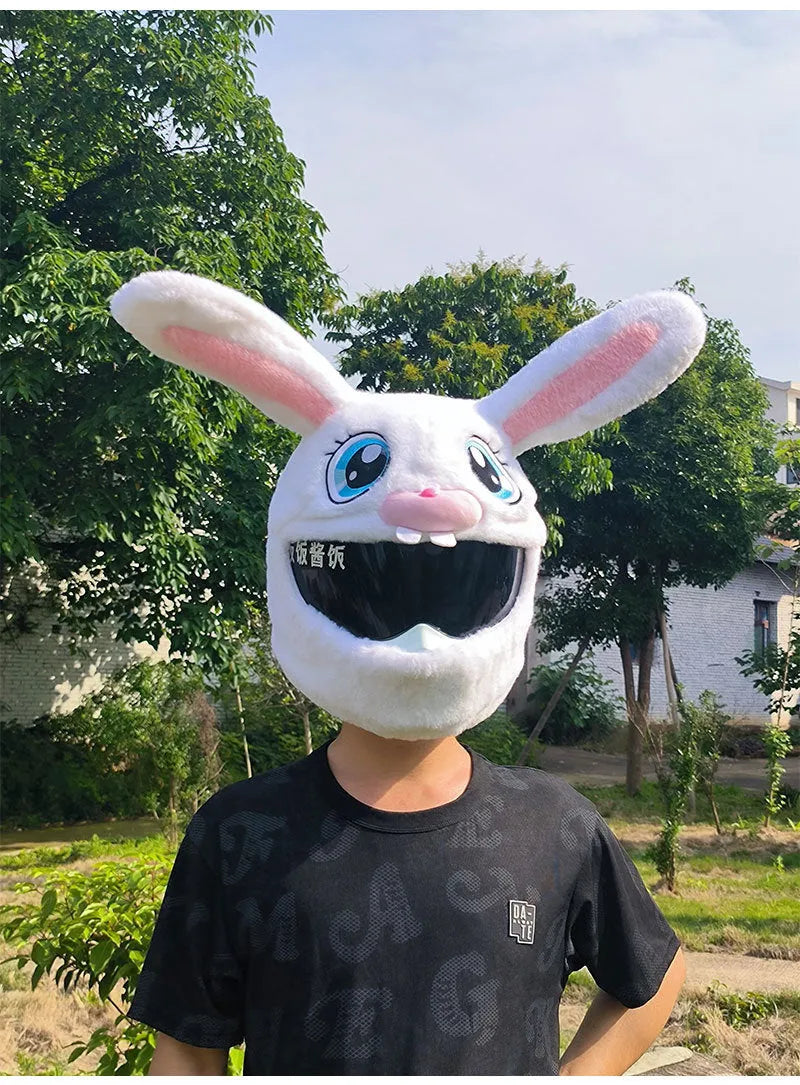 Decorative rabbit head helmet cover in long eared white design for electric motorcycle commuting