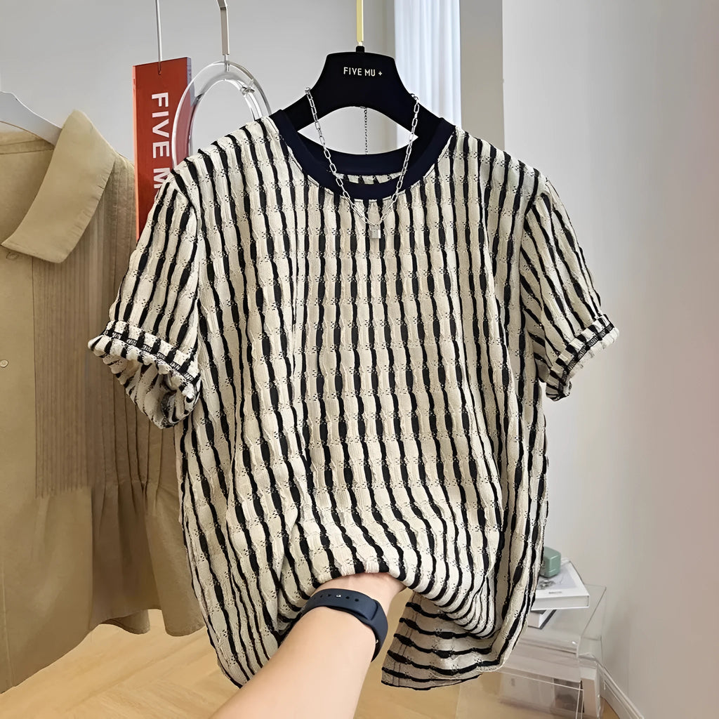 Black striped men's loose fit short sleeve casual shirt made from silk and linen fabric.