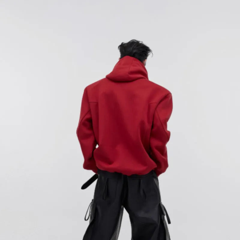 Men's loose fit hooded sweater with heavy shoulder pads and 3D printed design in red