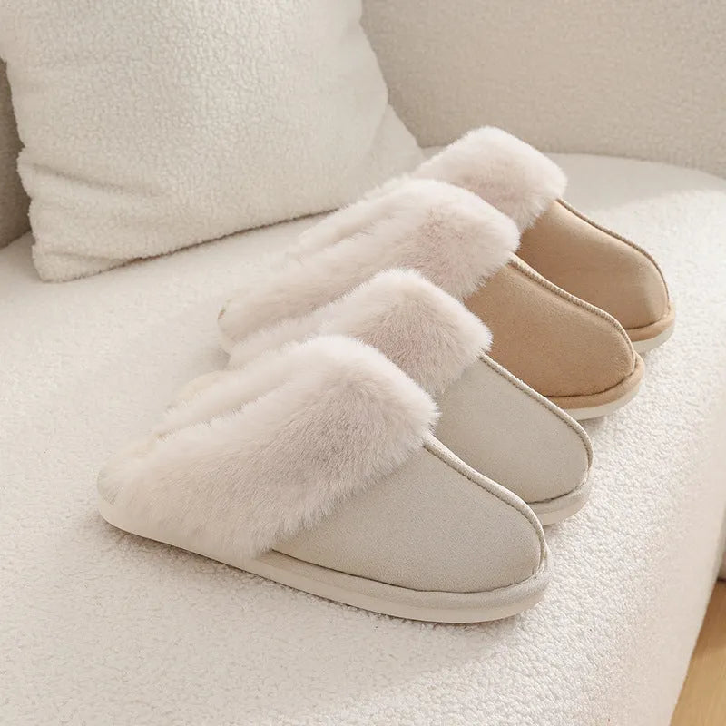 Women's brown plush slippers with round toe, flat heel, and anti-slip PVC sole.