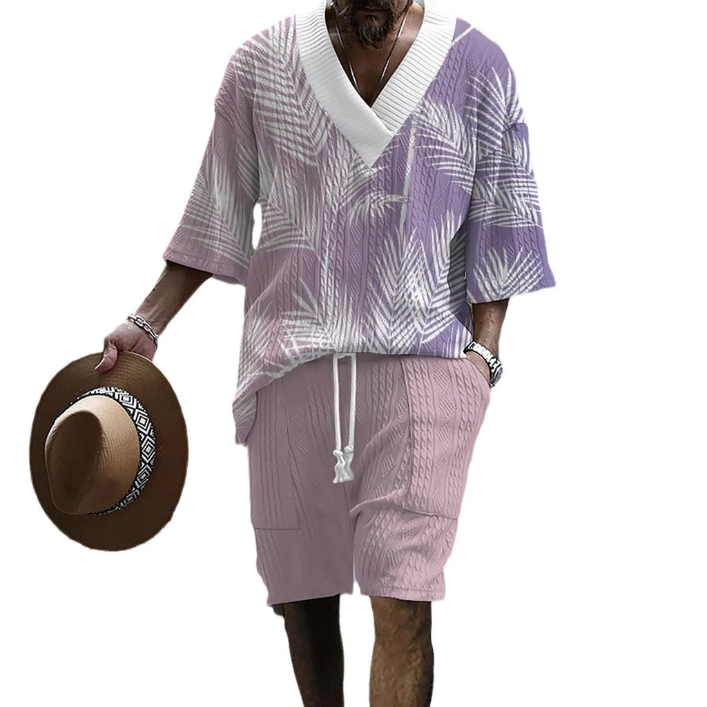Printed men's knitted short-sleeved top and matching shorts in a drop-shoulder design.