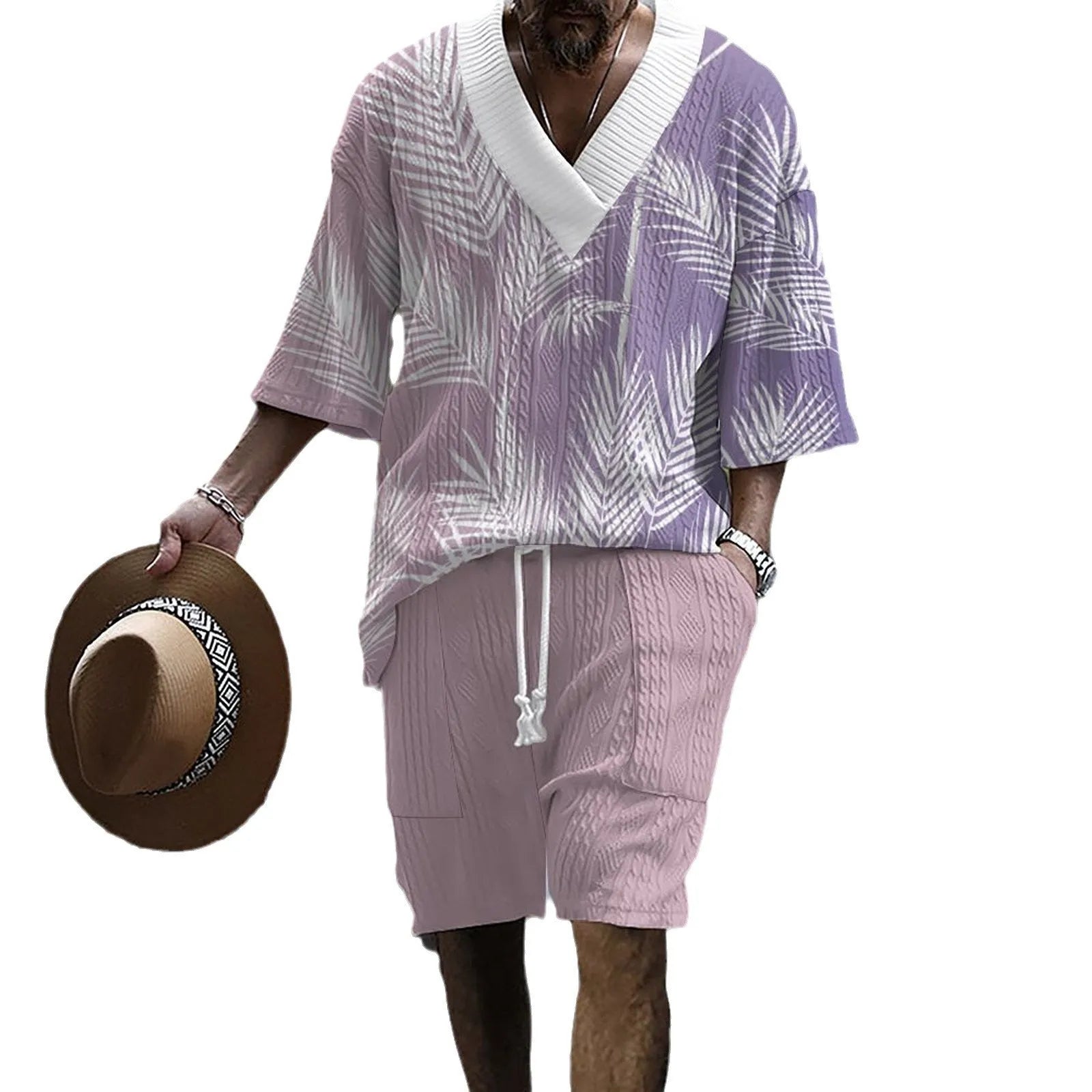 Printed men's knitted short-sleeved top and matching shorts in a drop-shoulder design.