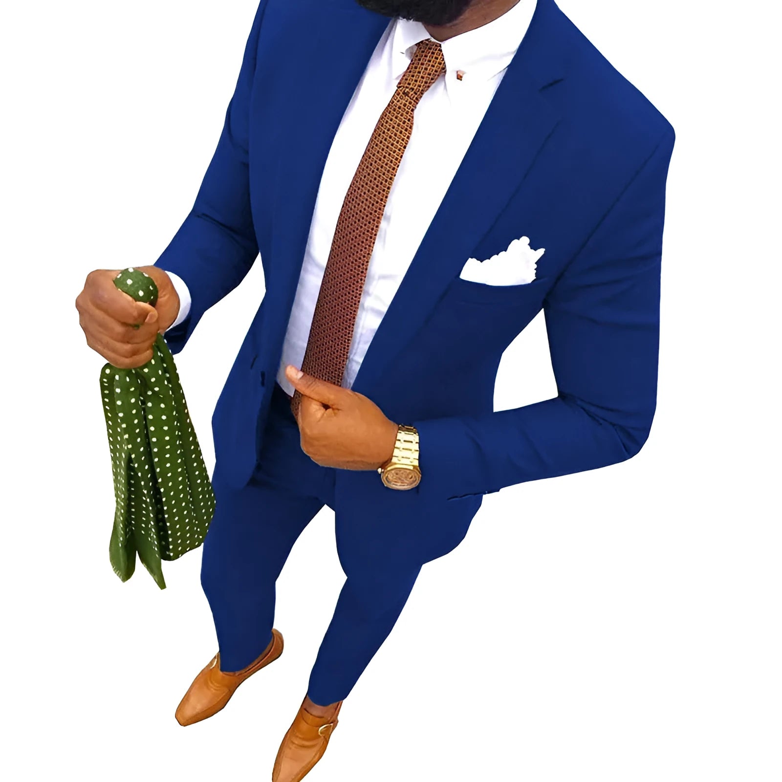 Man wearing a purple two-piece cotton suit jacket and trousers for a formal banquet