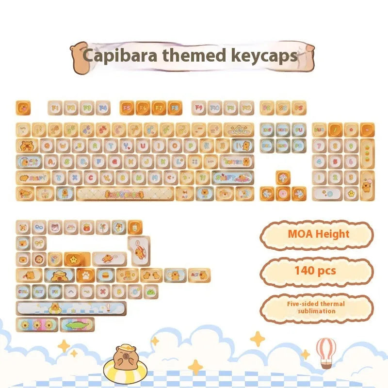 Sublimation printed cartoon pig party themed keycap set for mechanical keyboard, showing full 138-key layout.