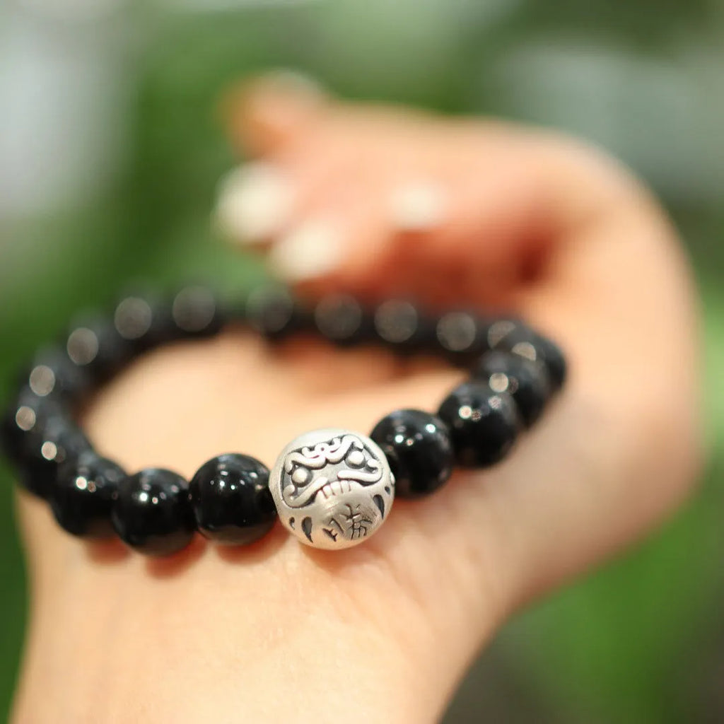 10mm black agate bead bracelet with sterling silver components in Chinese style