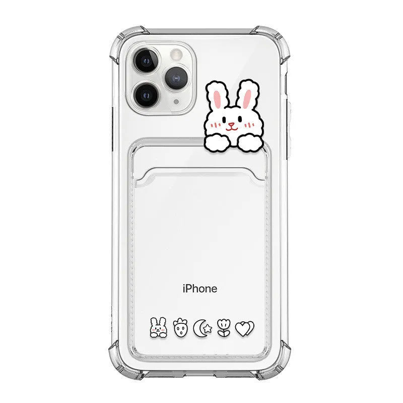 Clear cartoon design iPhone case with a card slot on the back, shown on a phone.