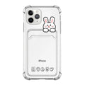 Clear cartoon design iPhone case with a card slot on the back, shown on a phone.