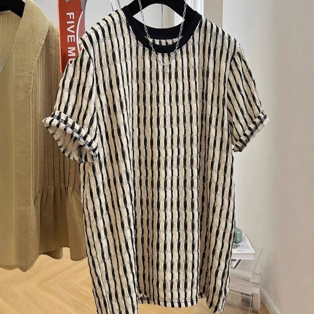 Black striped men's loose fit short sleeve casual shirt made from silk and linen fabric.