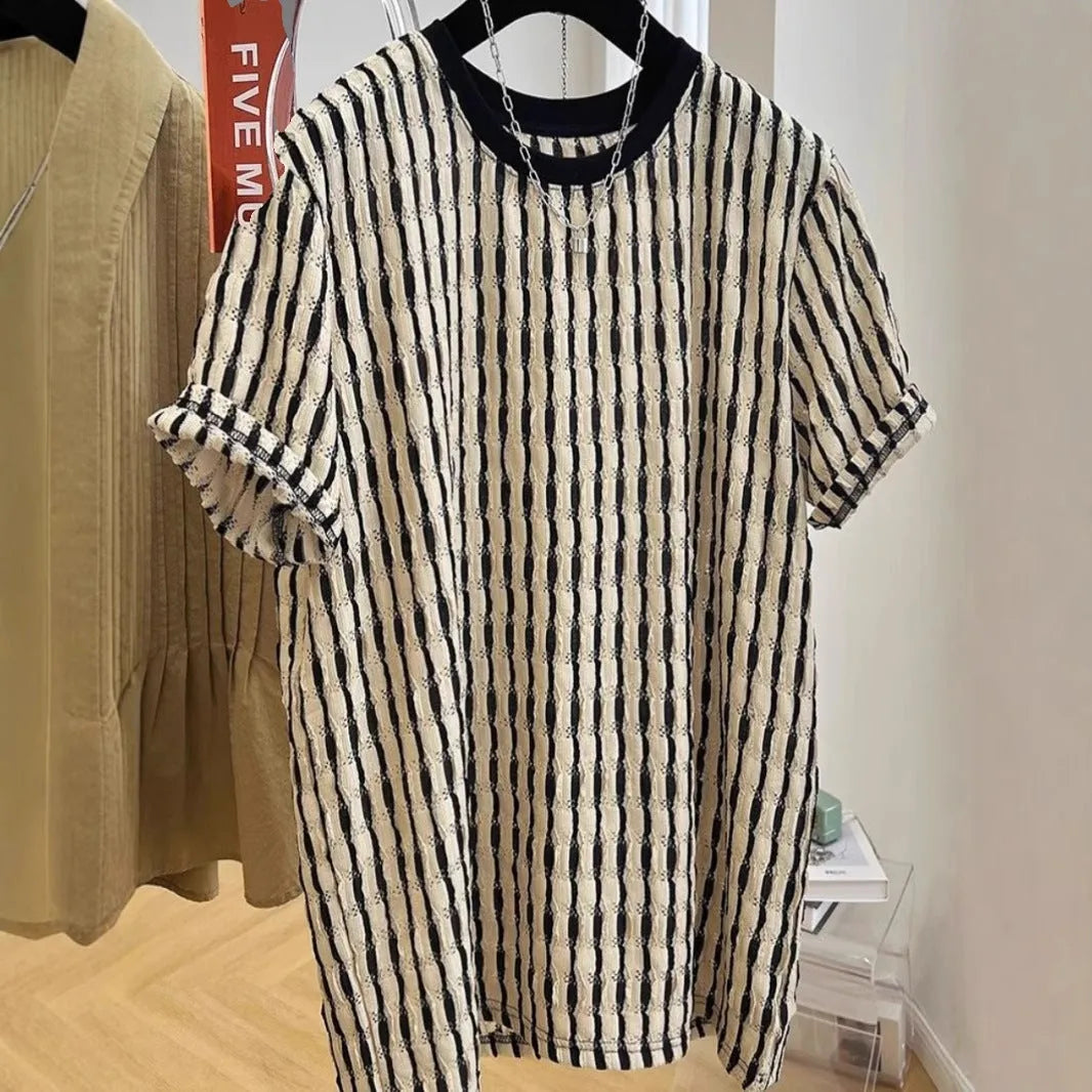 Black striped men's loose fit short sleeve casual shirt made from silk and linen fabric.