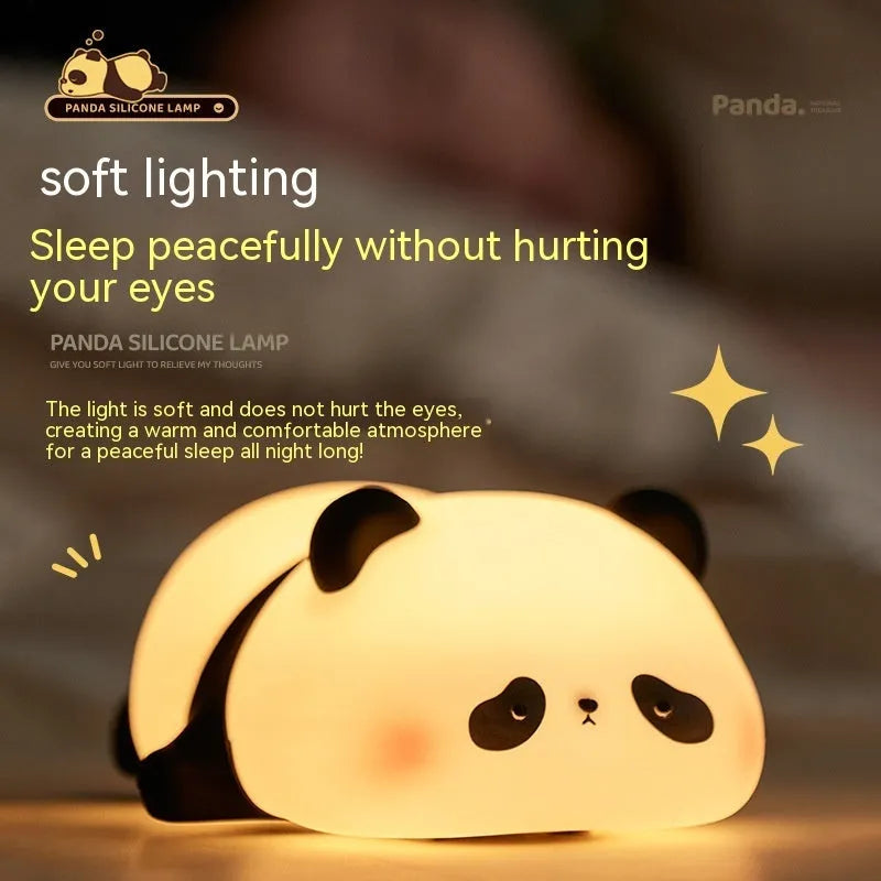Cartoon panda-shaped night light with soft silicone construction and warm white LED glow
