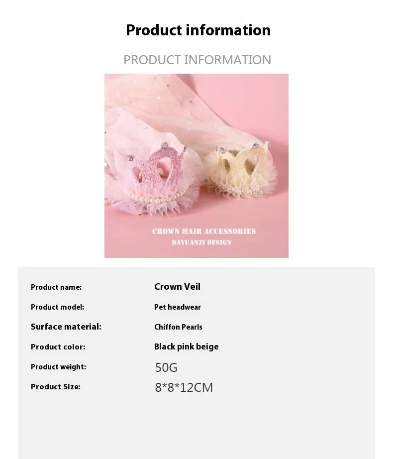 Pet cat wearing princess crown headdress with cotton polyester veil in beige colour