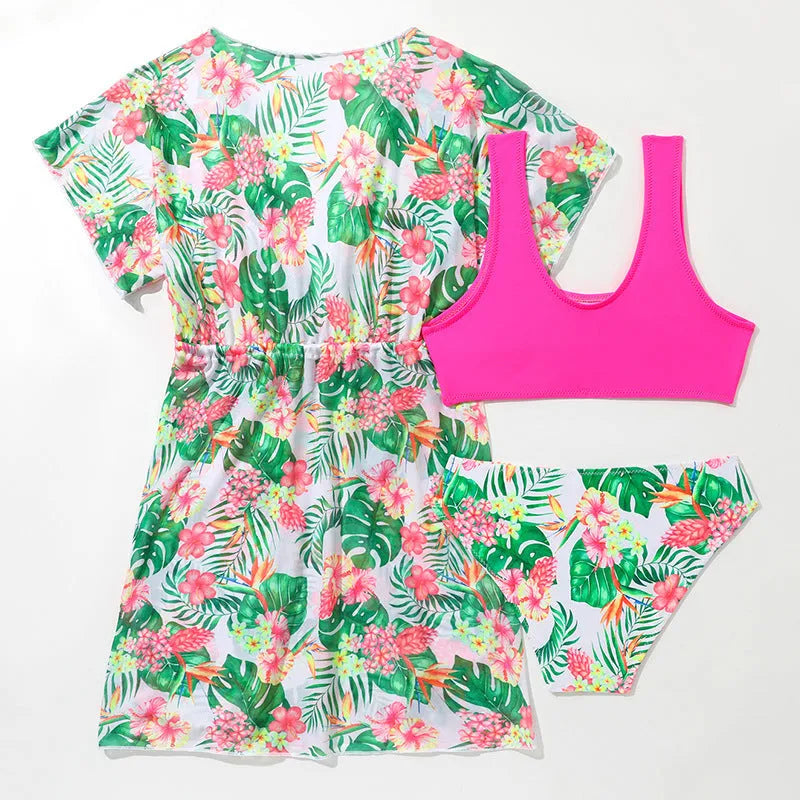 Girls' two-piece floral swimsuit in polyester fabric for swimming