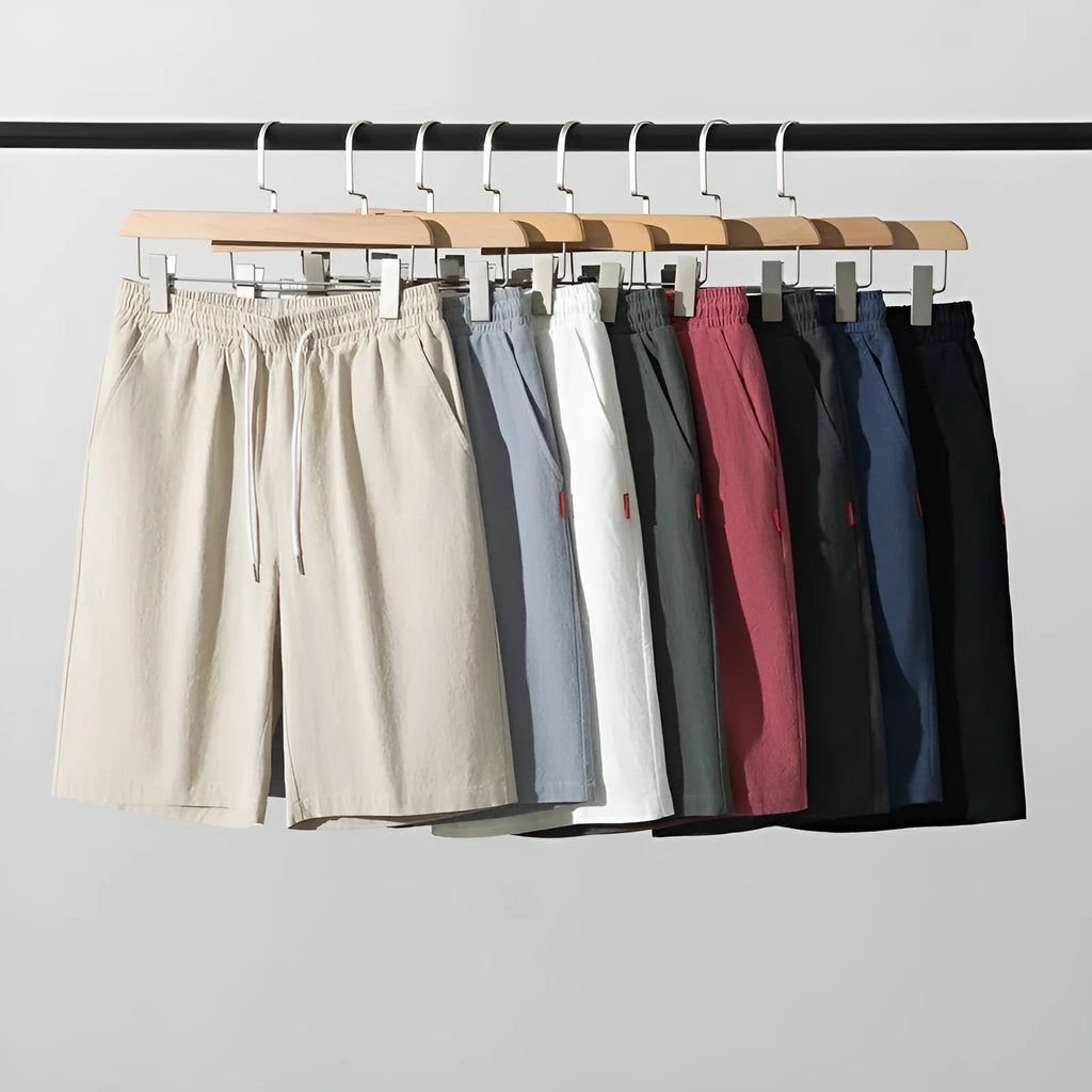 Cotton and linen cropped trousers with drawstring waist in solid colour on hanger