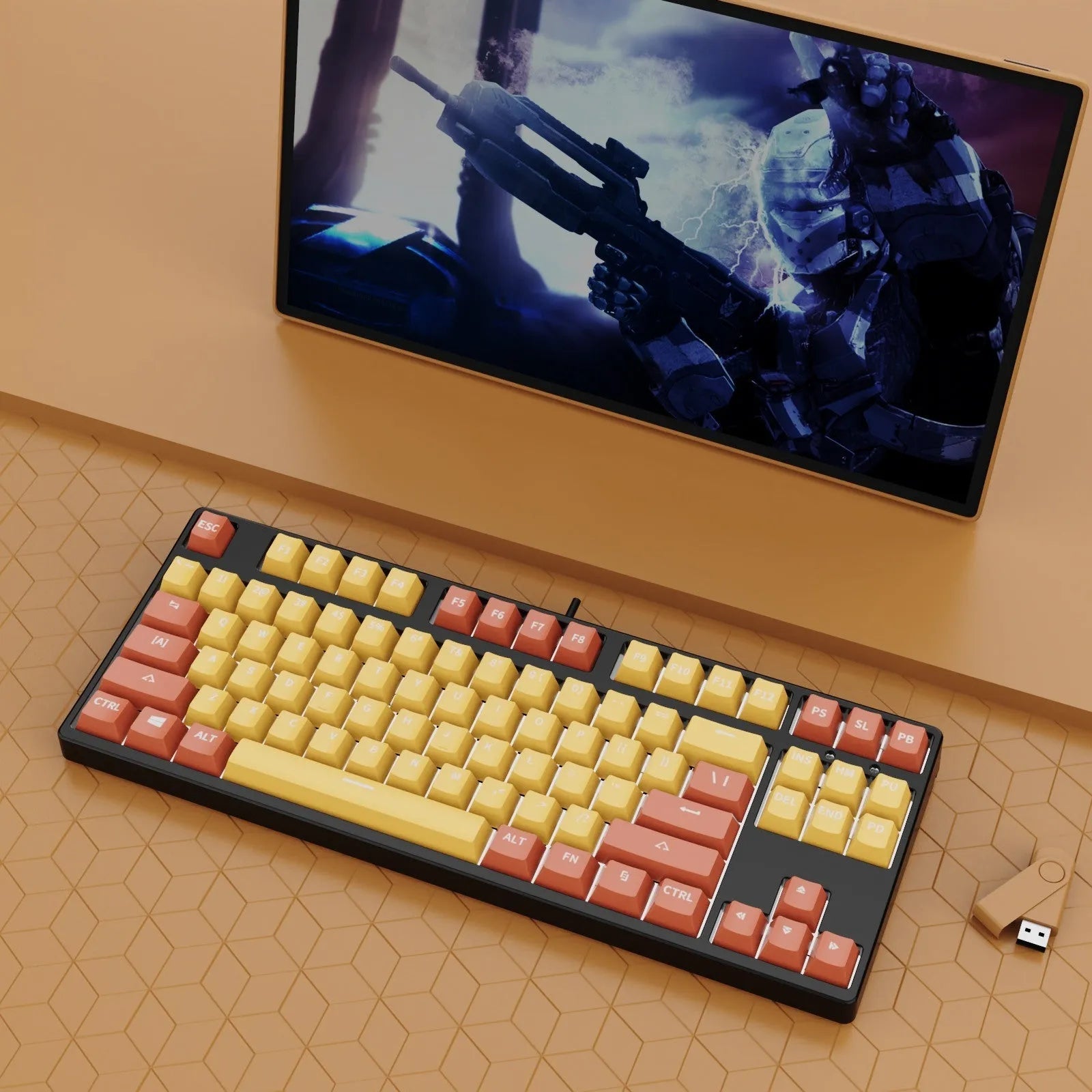 87-key wired mechanical gaming keyboard with hot-swappable switches shown in a two-tone colour scheme on a metal chassis.