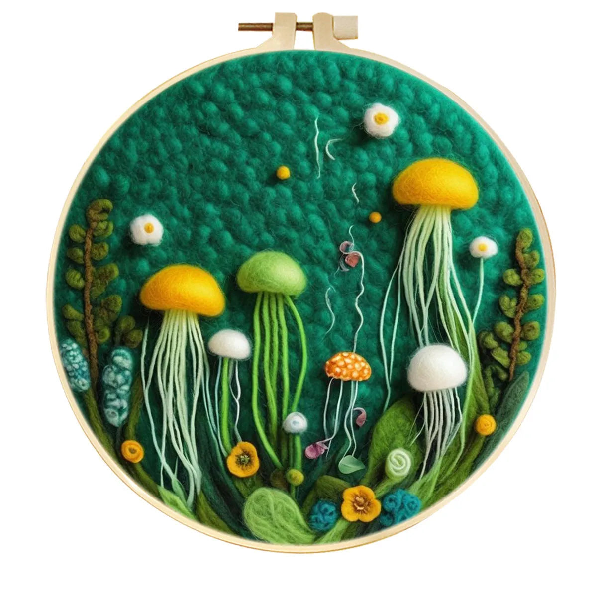Round linen embroidery kit with wool felt materials for three-dimensional floral design