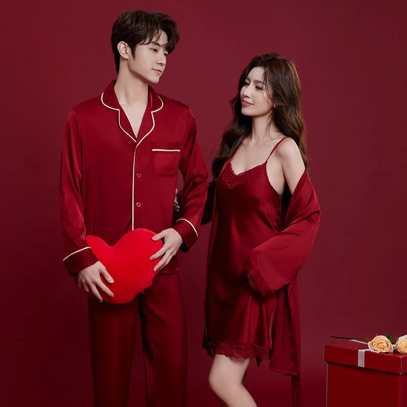 Red ice silk polyester pyjama set for men and women with long sleeves and trousers
