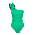 Single-shoulder high waist one-piece swimsuit for women in solid colour.