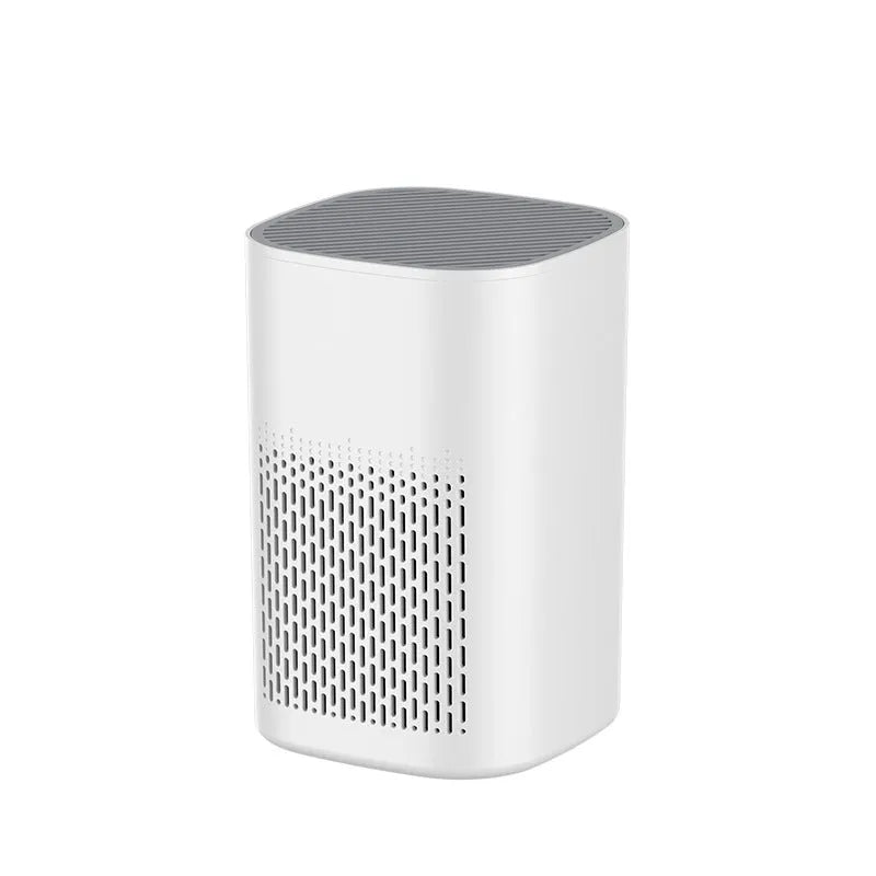 Desktop air purifier with simple design showing USB power connection