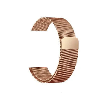 Stainless steel watch replacement strap in silver, shown next to black, gold, and rose gold options.