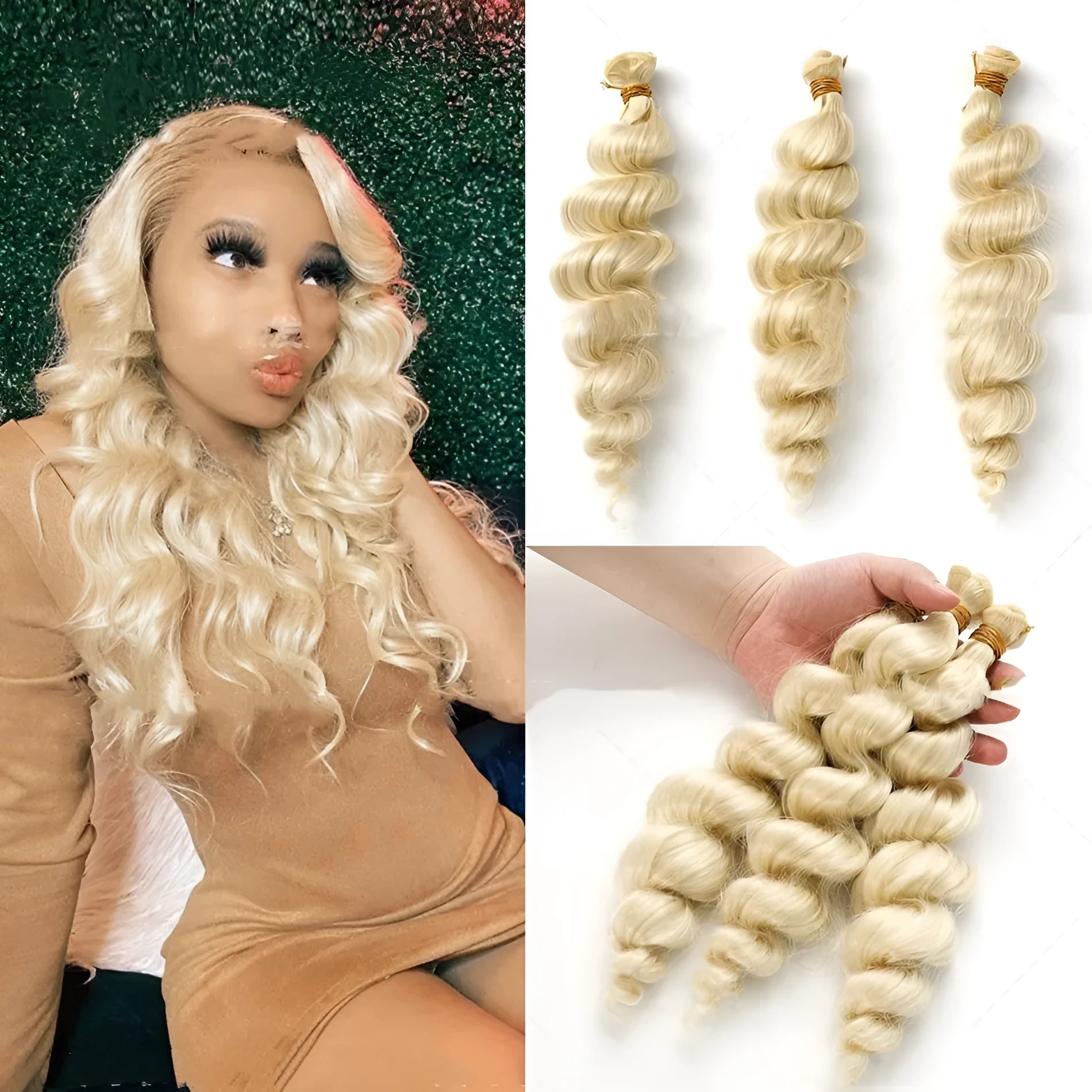 Golden synthetic hair weft in three lengths: 18in, 20in, 22in