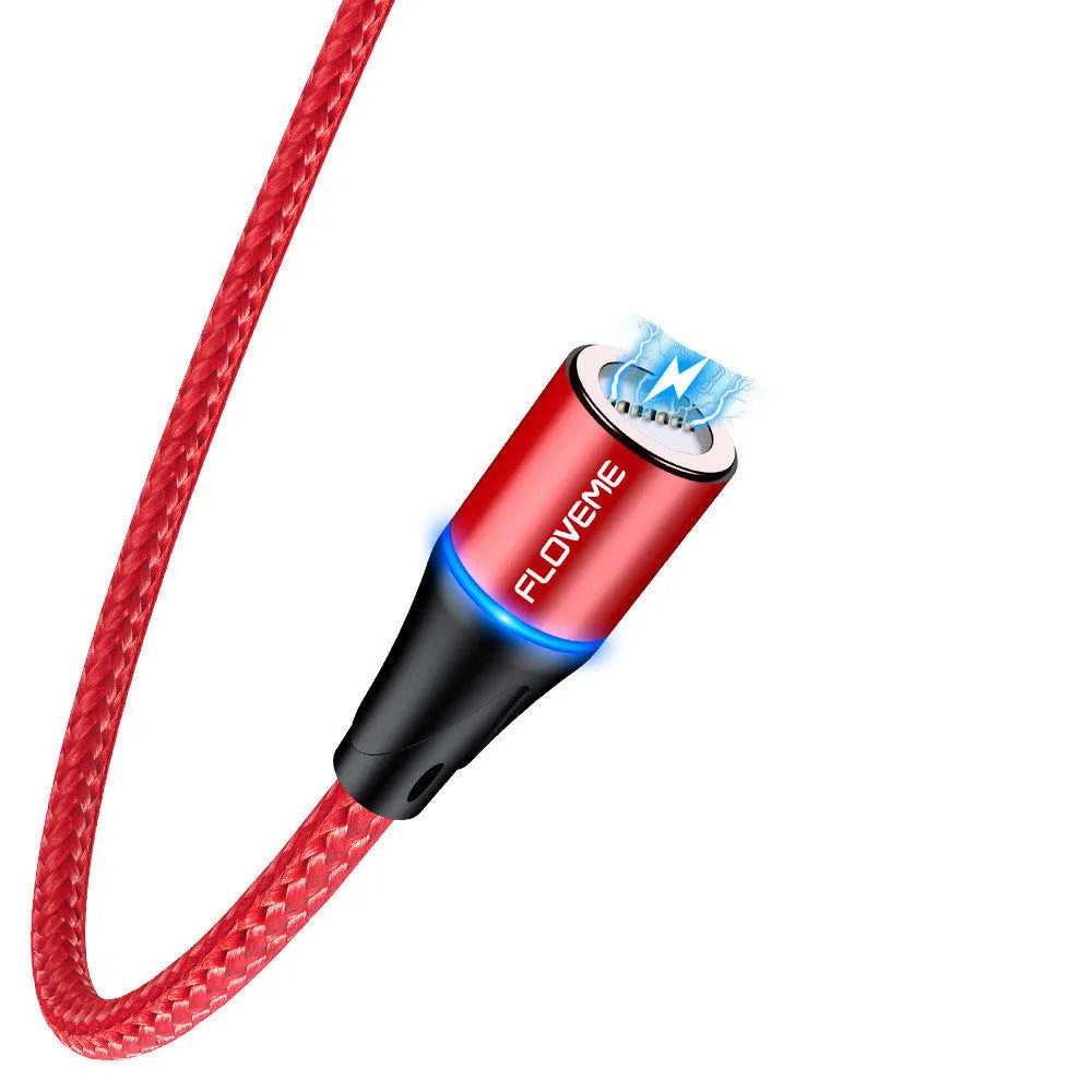 Magnetic USB fast charge and data cable for iPhone and Android phones in black, red, or silver.