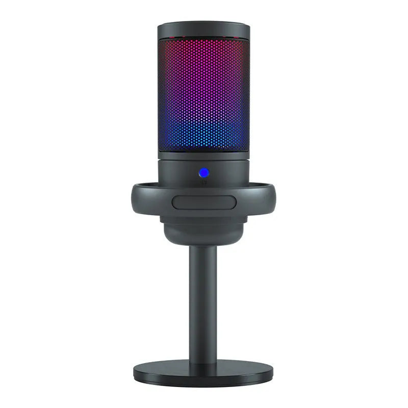 USB condenser microphone with colourful LED lights on cantilever stand for streaming and recording