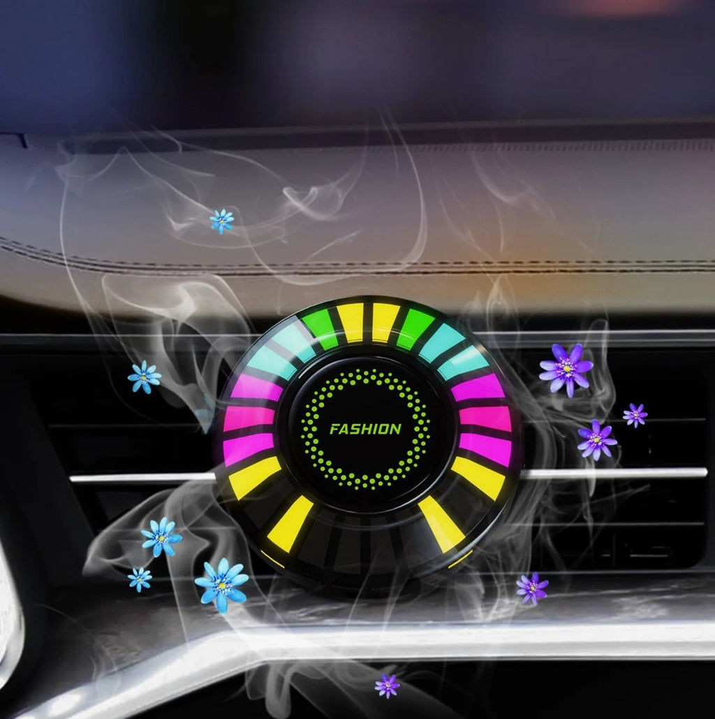 3D RGB voice-controlled car atmosphere light with aromatherapy diffuser mounted on car air vent