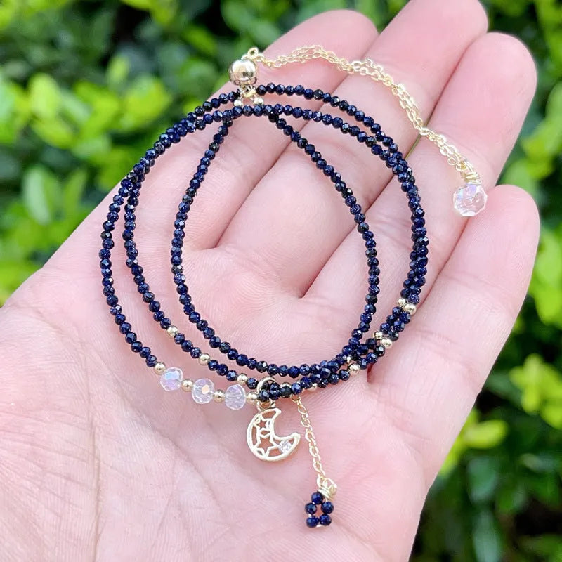 Women's blue sand stone three-ring multi-layer bracelet showing interconnected design
