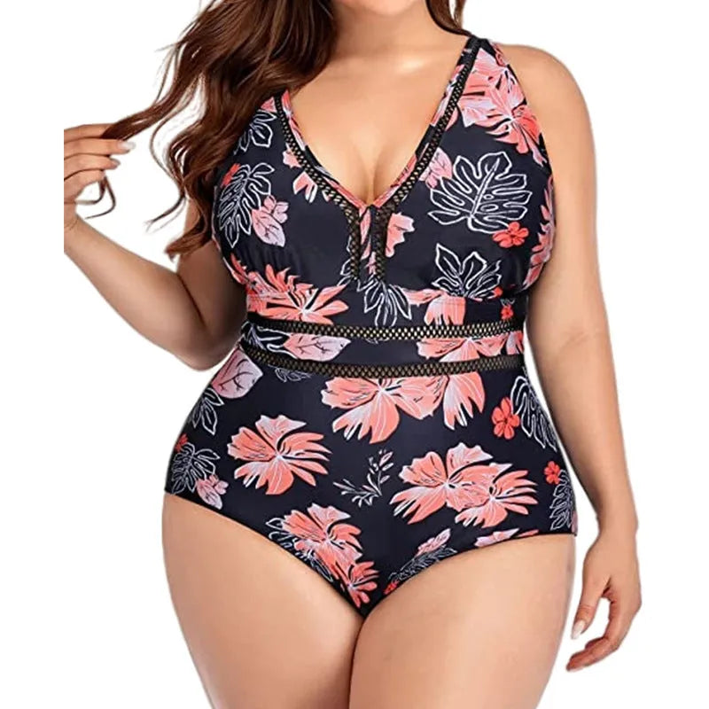 Black printed plus size bikini swimsuit for women with Siamese stitching on polyester mesh fabric
