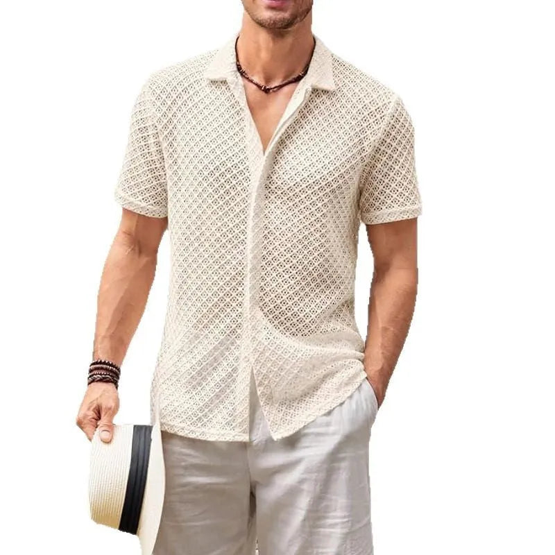 Man wearing a milky white short sleeve mesh cardigan shirt with a lapel collar.