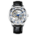 Men's silver case mechanical watch with black genuine leather strap and business styling