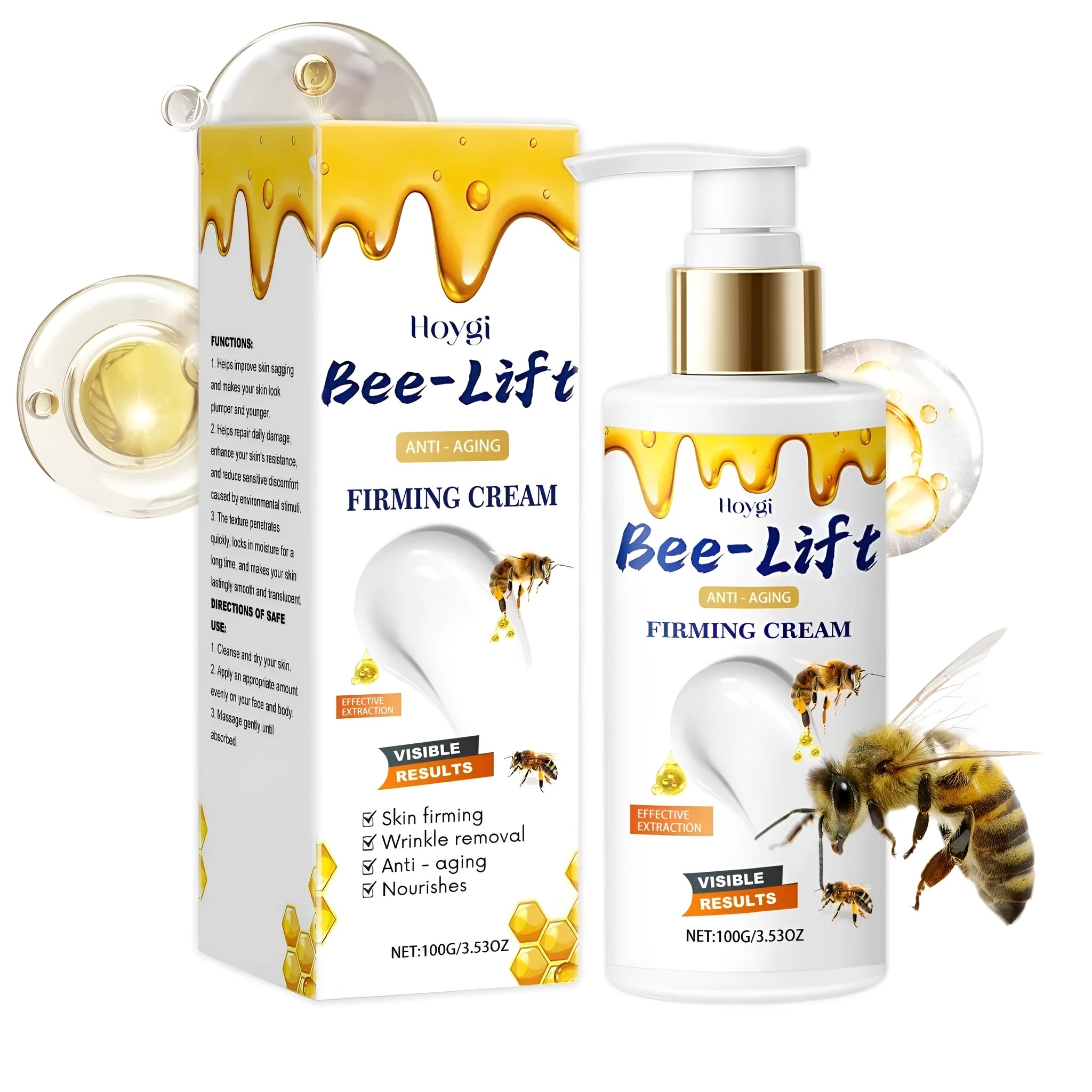 A 100g jar of firming cream containing bee venom and hyaluronic acid.