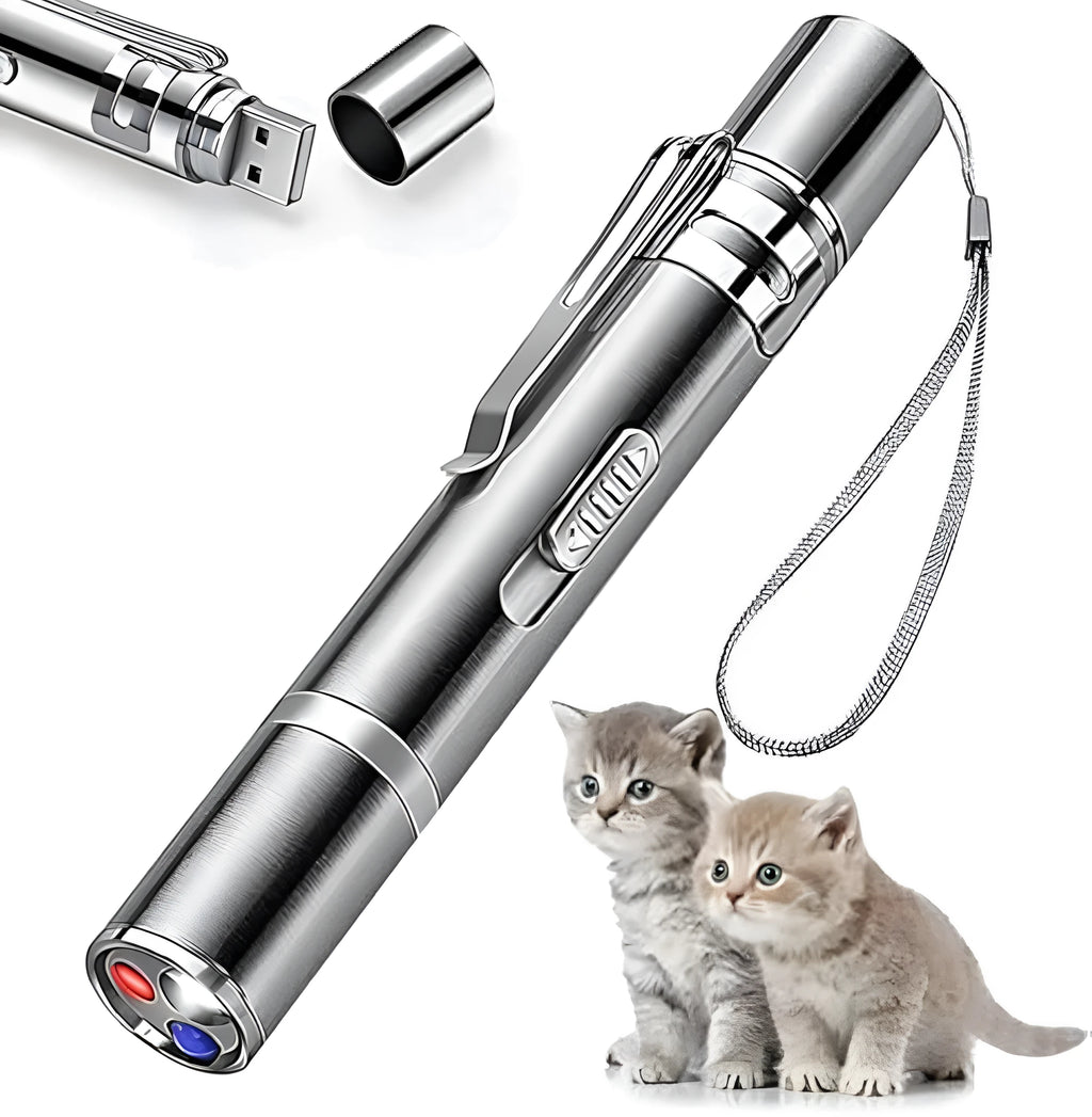 Silver aluminium alloy cat laser pointer toy with multiple light pattern modes