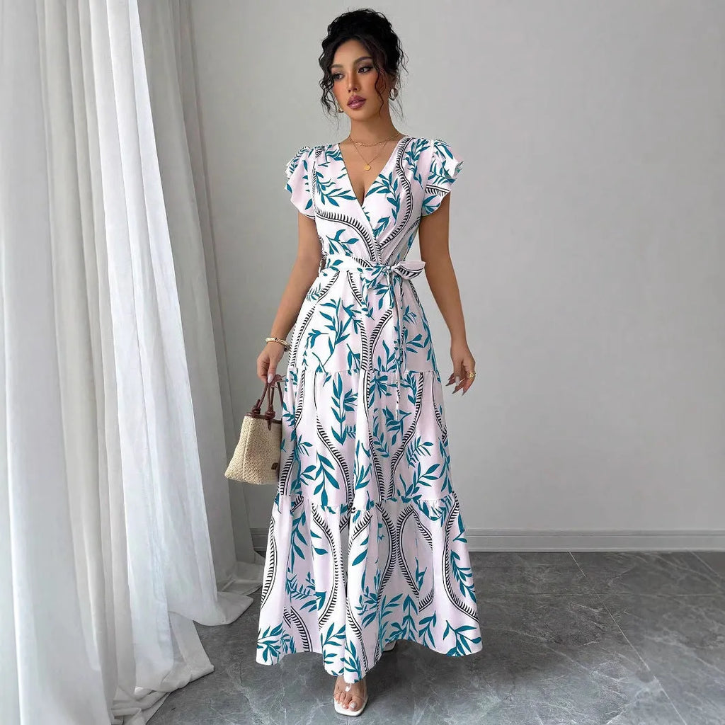 Lace-up floral short-sleeve ruffle sleeve midi dress in polyester, navy blue colour