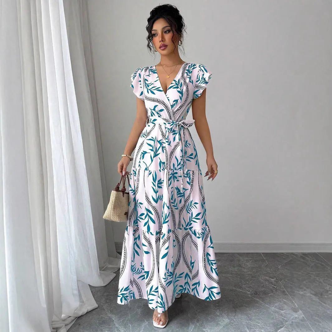 Lace-up floral short-sleeve ruffle sleeve midi dress in polyester, navy blue colour