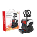 Black ABS gaming console storage rack with headset platform, controller hooks and storage drawer