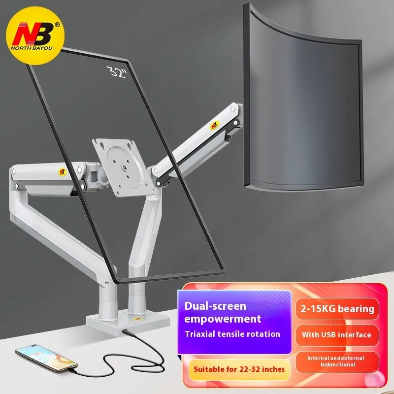 Dual screen vertical computer monitor bracket in aluminium alloy with mechanical height adjustment
